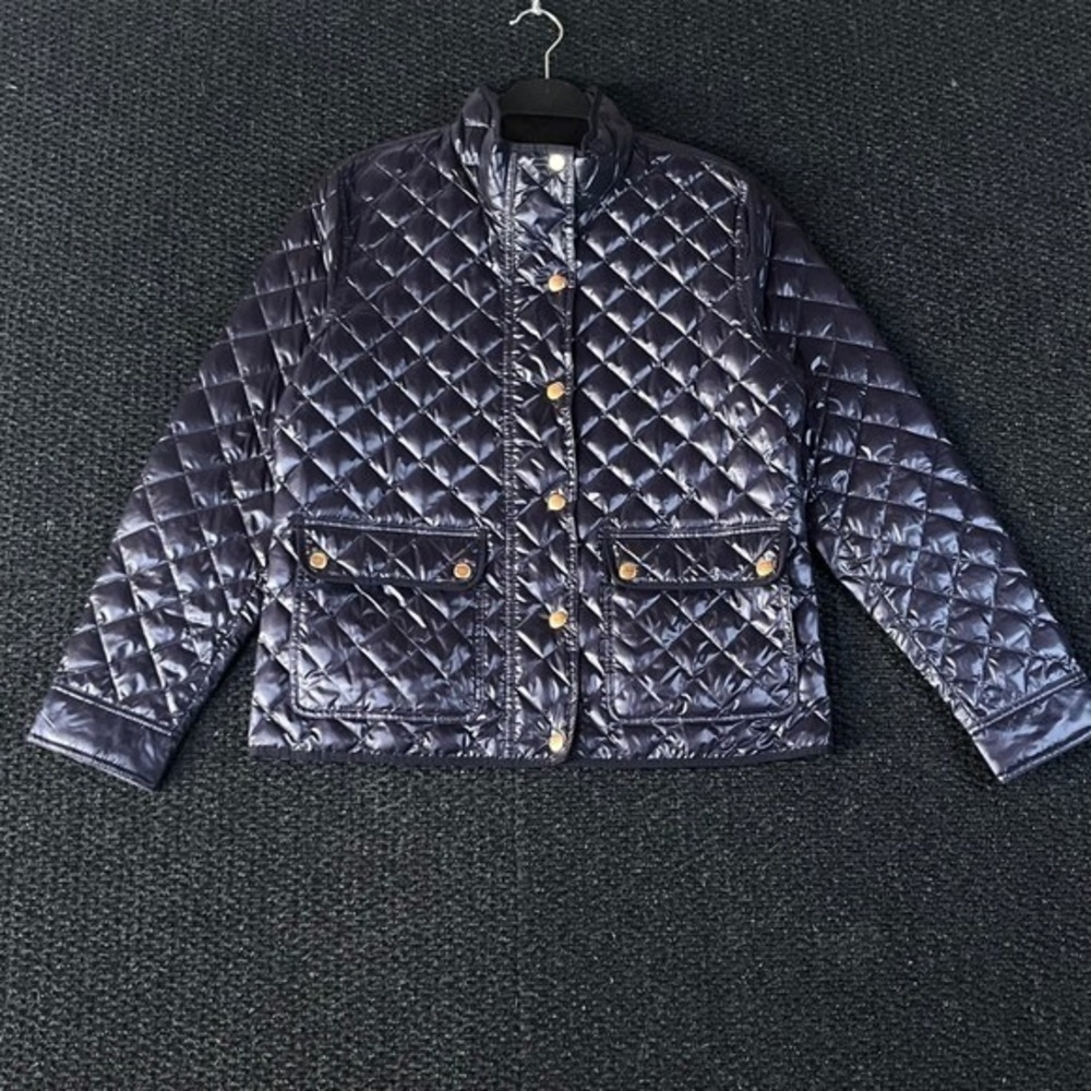 J.‎ Crew Quilted Puffer Down Jacket Navy Blue Snap Button Full Zip Women PL